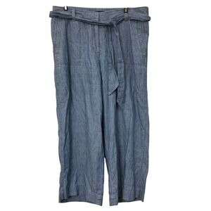 Talbots Blue Linen Cotton Blend Wide Leg Belted Cropped Pants Womens 10